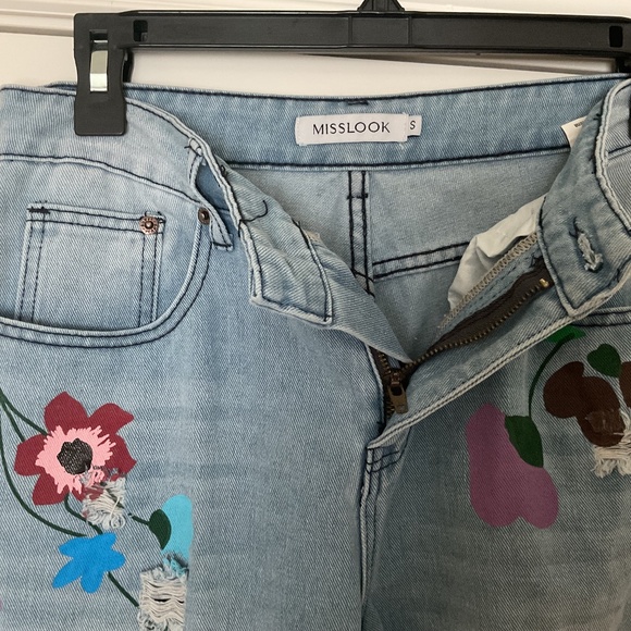 MISSLOOK  Women’s Small Blue Floral Mom Baggy Distressed Hobo Jeans - Picture 3 of 3